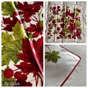 Vtg 1950s MCM Satin Autumn Scarf Fall Foliage Leaves Chestnuts White Red Green